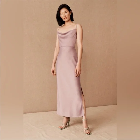 BHLDN Cali Satin Cowl-Neck Midi Slip Dress in Lilac Smoke - Picture 1 of 6